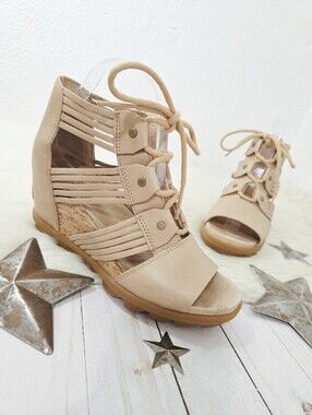 Sorel Women's Joanie II Lace Huarache Wedge Sandal tan leather size 8